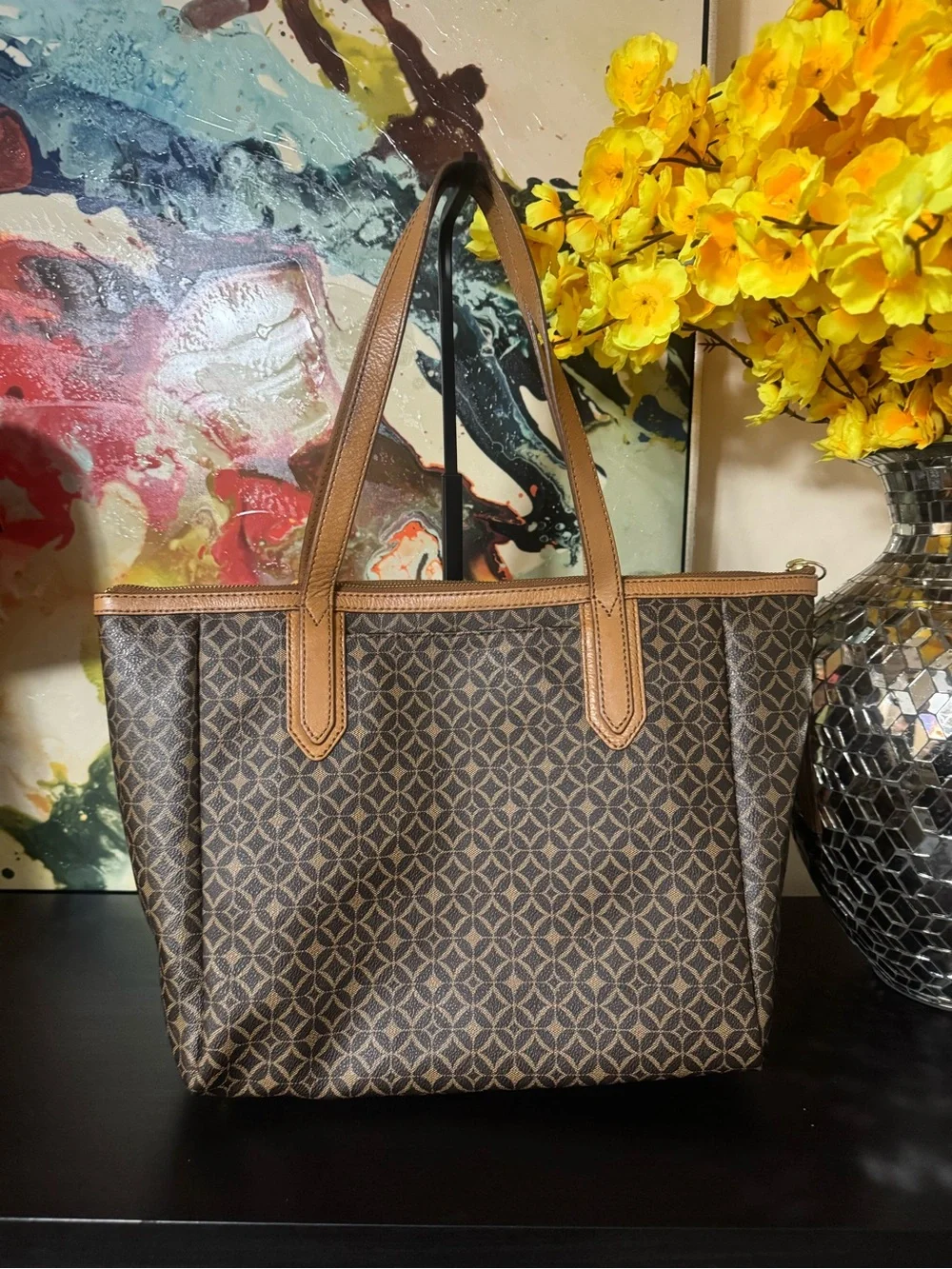 Fossil Brown Patterned Tote with Tan Trim